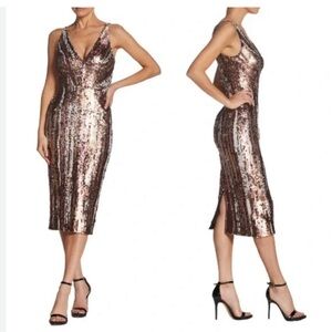 DRESS THE POPULATION Women’s Brown MARGO Plunge Neck Sequin Midi Dress Size S